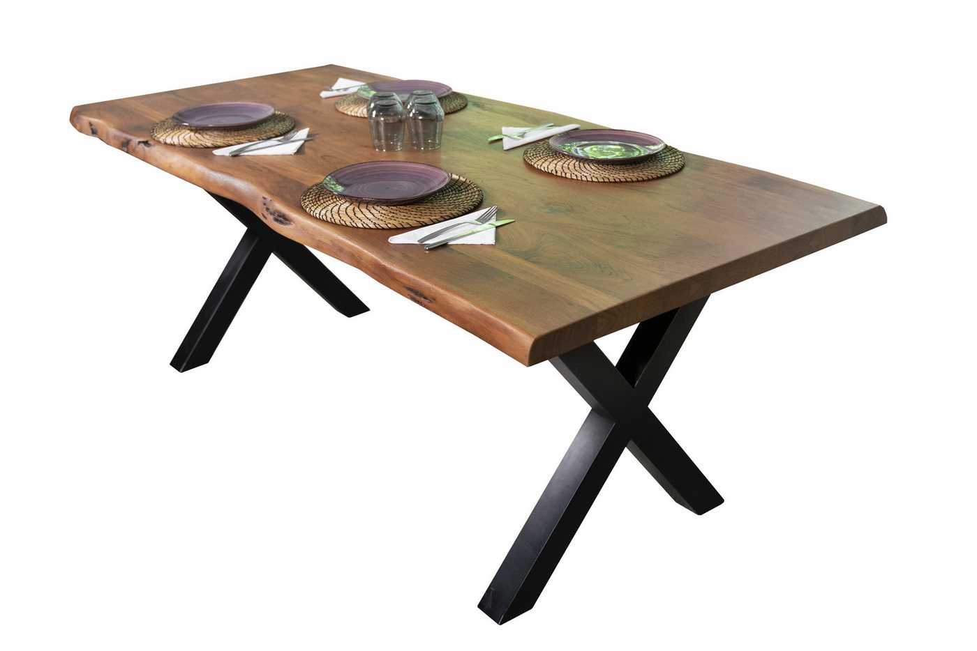 Loreno® Baumkantentisch Cali, Akazienholz massiv, in Nussbaum- oder Naturfarben, X-Gestell in Schwar von Loreno®