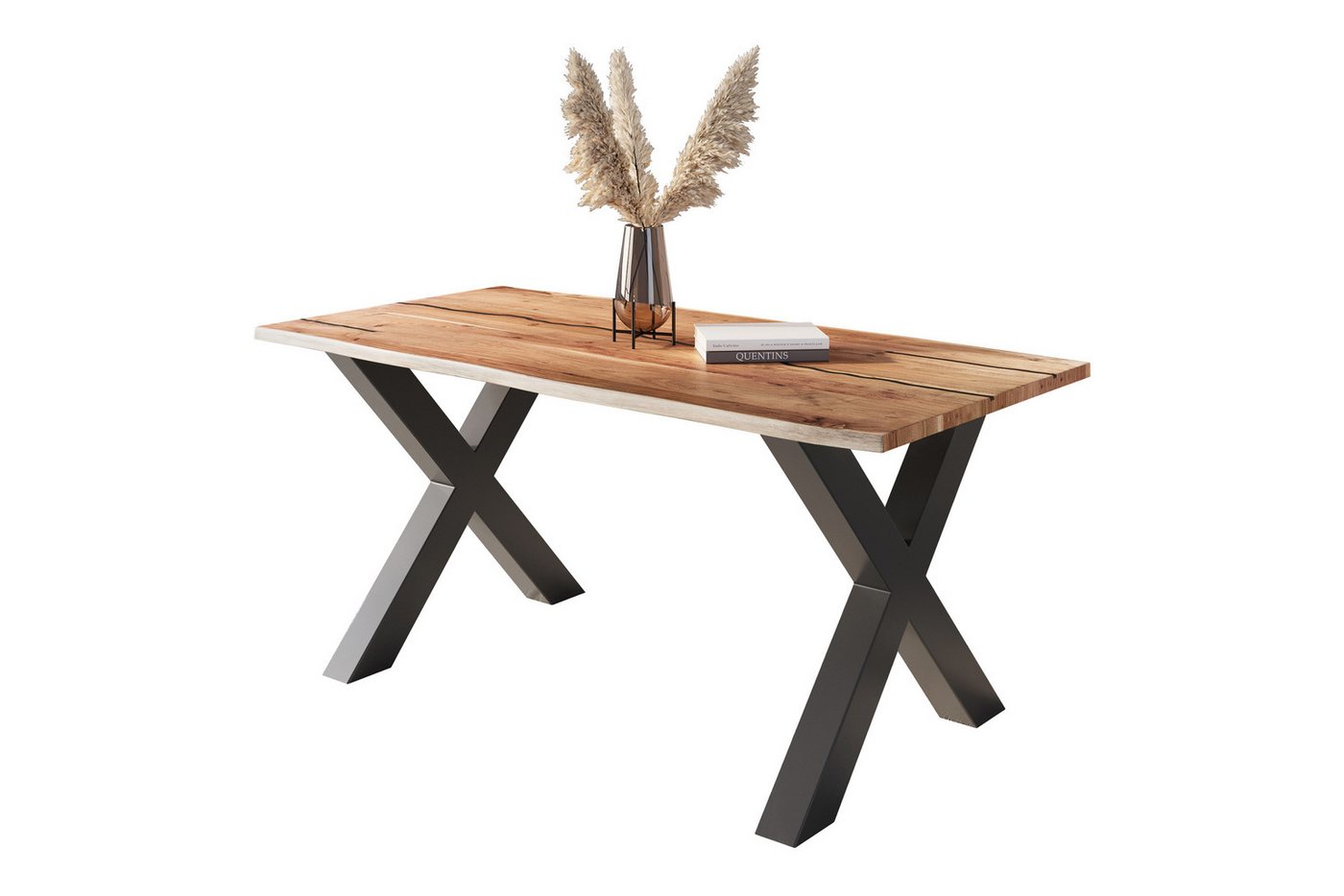 Loreno® Baumkantentisch Polly, Akazienholz, Baumkante, schwarze Resin-Adern, Metallgestell von Loreno®