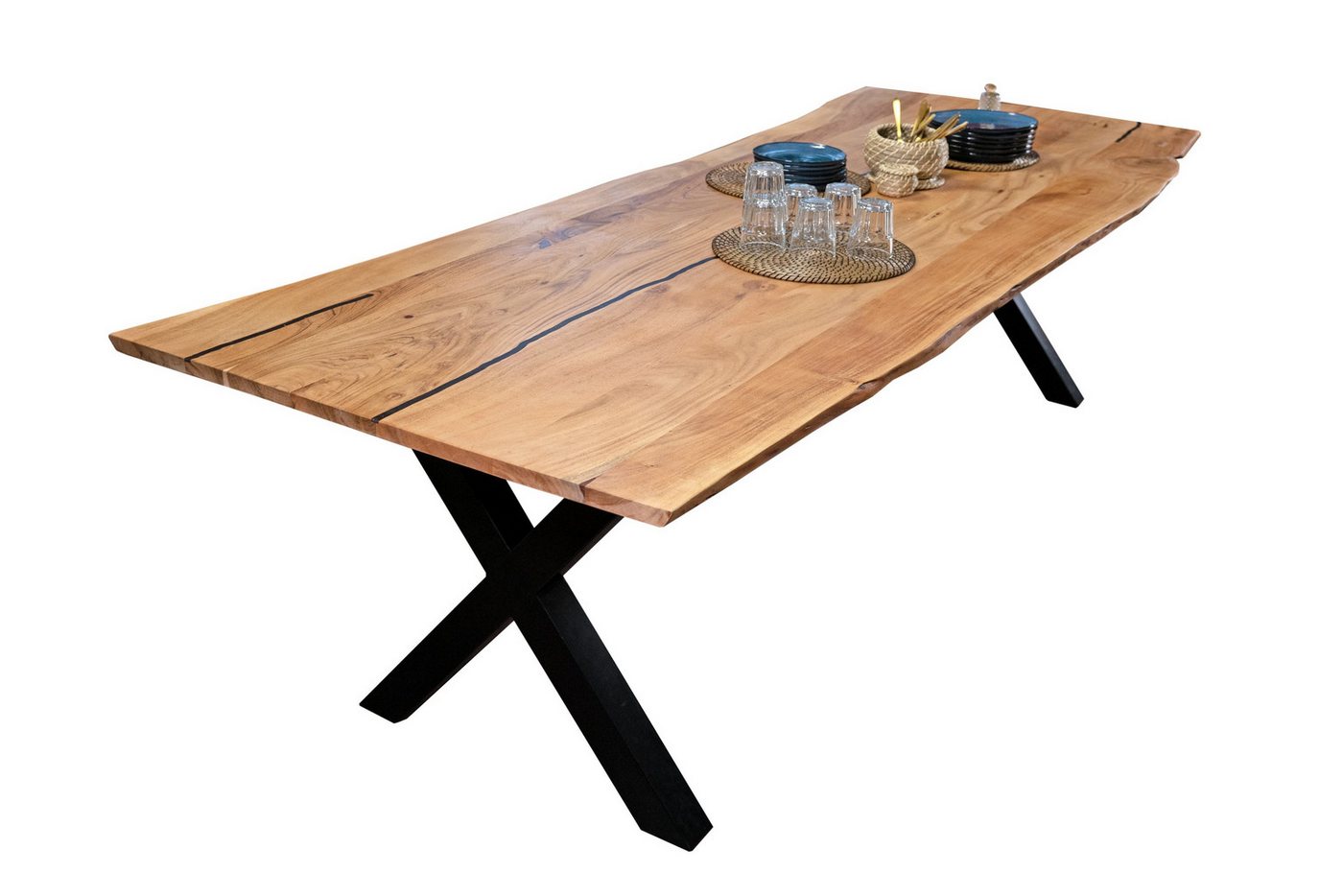 Loreno® Baumkantentisch Polly, Akazienholz, Baumkante, schwarze Resin-Adern, Metallgestell von Loreno®