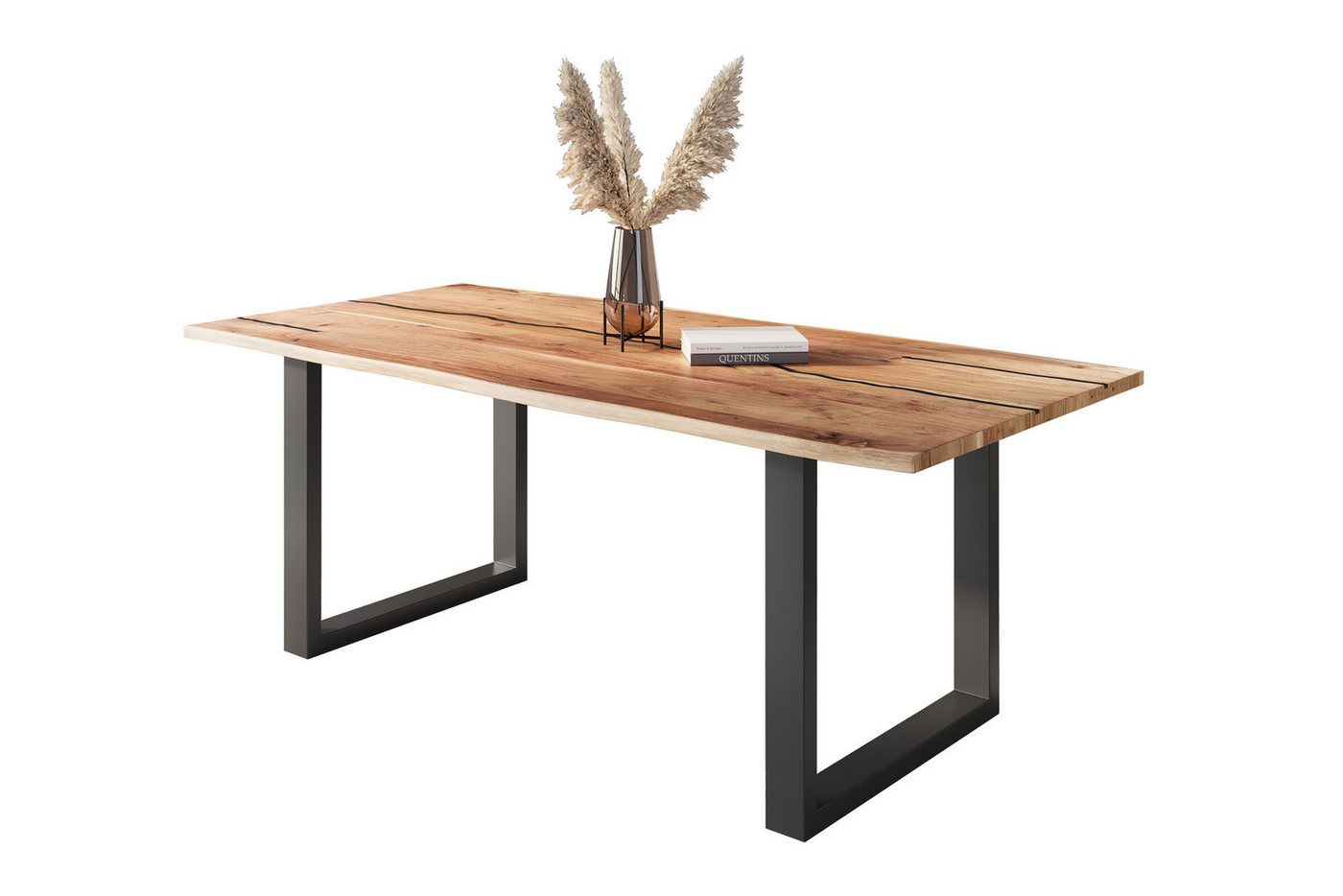 Loreno® Baumkantentisch Polly, Akazienholz, Baumkante, schwarze Resin-Adern, Metallgestell von Loreno®