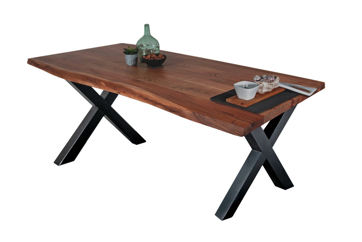 Loreno® Baumkantentisch Tomaso, massives Akazienholz, natürliche Baumkante, Metallgestell X-Form von Loreno®