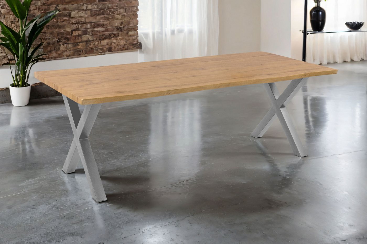 Loreno® Esstisch Josy, Wildeiche Holz-Optik, Baumkante, Metallgestell X-Form von Loreno®