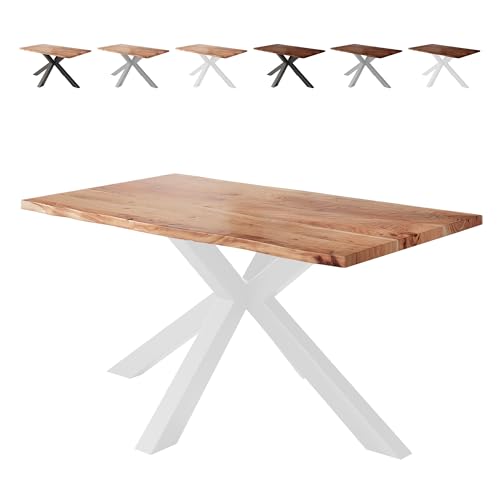 Loreno Esstisch Vento 120×80×77cm – Massiver Akazienholztisch mit 26 mm starker Tischplatte Naturfarben - Spider-Gestell - Weiß -Perfekt für Esszimmer und Küche von Loreno