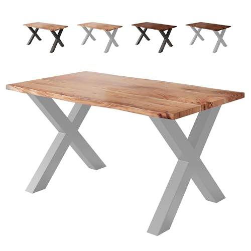 Loreno Esstisch Vento 120×80×77cm – Massiver Akazienholztisch mit 26 mm starker Tischplatte Naturfarben - X-Gestell - Silber -Perfekt für Esszimmer und Küche von Loreno