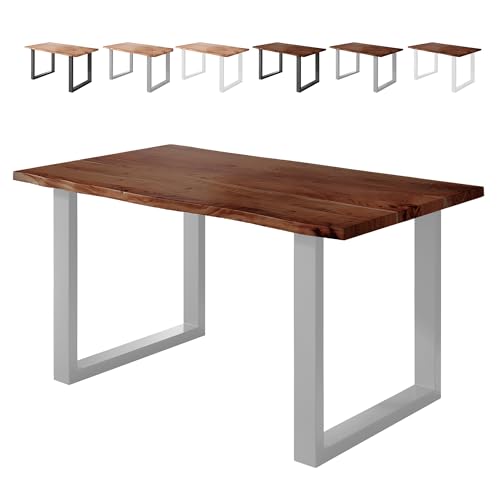 Loreno Esstisch Vento 120×80×77cm – Massiver Akazienholztisch mit 26 mm starker Tischplatte Nussbaumfarben - U-Gestell - Silber -Perfekt für Esszimmer und Küche von Loreno