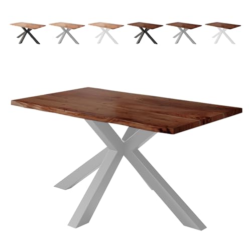 Loreno Esstisch Vento 140×80×77cm – Massiver Akazienholztisch mit 26 mm starker Tischplatte Nussbaumfarben - Spider-Gestell - Silber -Perfekt für Esszimmer und Küche von Loreno