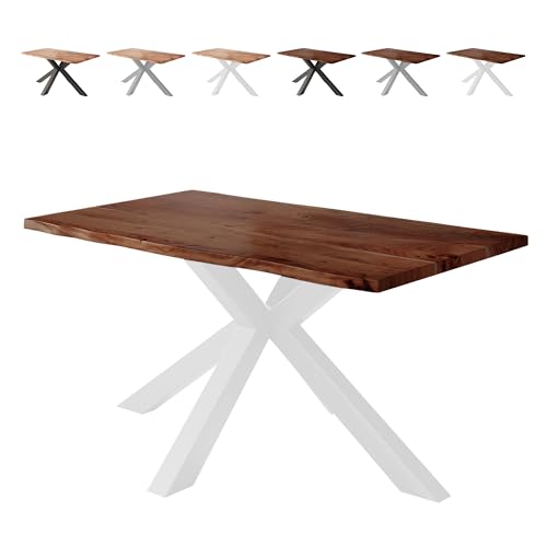 Loreno Esstisch Vento 140×80×77cm – Massiver Akazienholztisch mit 26 mm starker Tischplatte Nussbaumfarben - Spider-Gestell - Weiß -Perfekt für Esszimmer und Küche von Loreno