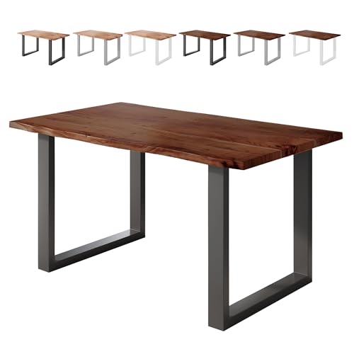 Loreno Esstisch Vento 140×80×77cm – Massiver Akazienholztisch mit 26 mm starker Tischplatte Nussbaumfarben - U-Gestell - Schwarz -Perfekt für Esszimmer und Küche von Loreno