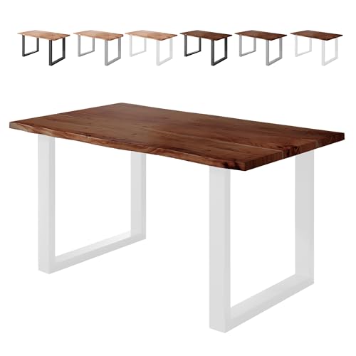 Loreno Esstisch Vento 140×80×77cm – Massiver Akazienholztisch mit 26 mm starker Tischplatte Nussbaumfarben - U-Gestell - Weiß -Perfekt für Esszimmer und Küche von Loreno