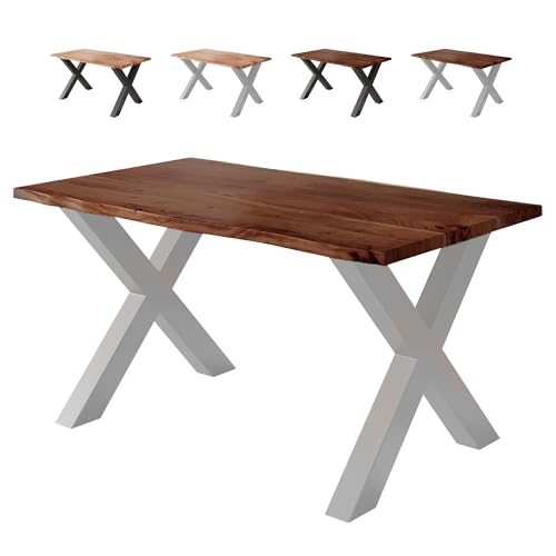 Loreno Esstisch Vento 140×80×77cm – Massiver Akazienholztisch mit 26 mm starker Tischplatte Nussbaumfarben - X-Gestell - Silber -Perfekt für Esszimmer und Küche von Loreno