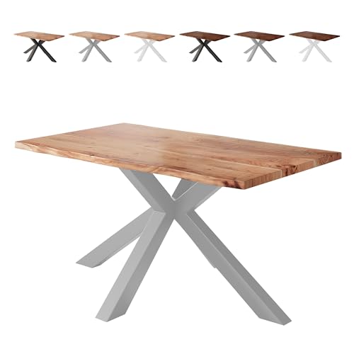 Loreno Esstisch Vento 160×85×77cm – Massiver Akazienholztisch mit 26 mm starker Tischplatte Naturfarben - Spider-Gestell - Silber -Perfekt für Esszimmer und Küche von Loreno