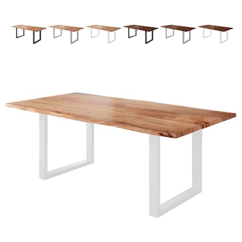 Loreno Esstisch Vento 180×90×77cm – Massiver Akazienholztisch mit 26 mm starker Tischplatte Naturfarben - U-Gestell-Weiß -Perfekt für Esszimmer und Küche von Loreno