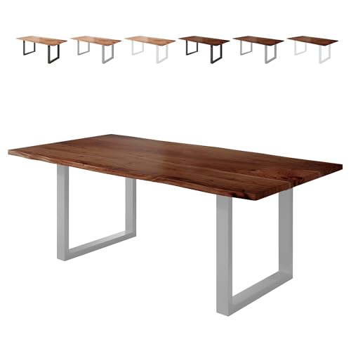 Loreno Esstisch Vento 180×90×77cm – Massiver Akazienholztisch mit 26 mm starker Tischplatte Nussbaumfarben - U-Gestell - Silber -Perfekt für Esszimmer und Küche von Loreno