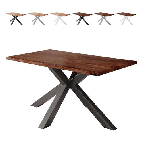 Loreno Esstisch Vento 200×100×77cm – Massiver Akazienholztisch mit 26 mm starker Tischplatte Nussbaumfarben - Spider-Gestell - Schwarz -Perfekt für Esszimmer und Küche von Loreno
