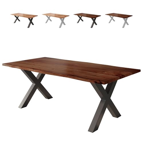 Loreno Esstisch Vento 220×100×77cm – Massiver Akazienholztisch mit 26 mm starker Tischplatte Nussbaumfarben - X-Gestell - Schwarz -Perfekt für Esszimmer und Küche von Loreno