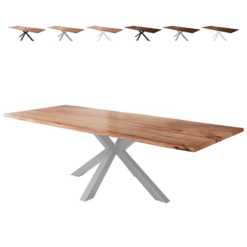 Loreno Esstisch Vento 240×100×77cm – Massiver Akazienholztisch mit 26 mm starker Tischplatte Naturfarben - Spider-Gestell - Silber -Perfekt für Esszimmer und Küche von Loreno