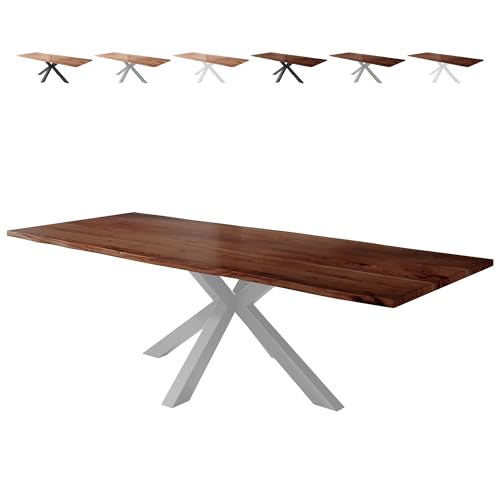 Loreno Esstisch Vento 240×100×77cm – Massiver Akazienholztisch mit 26 mm starker Tischplatte Nussbaumfarben - Spider-Gestell - Silber -Perfekt für Esszimmer und Küche von Loreno