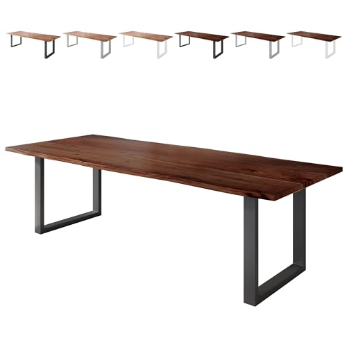 Loreno Esstisch Vento 240×100×77cm – Massiver Akazienholztisch mit 26 mm starker Tischplatte Nussbaumfarben - U-Gestell - Schwarz -Perfekt für Esszimmer und Küche von Loreno