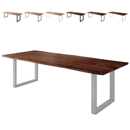 Loreno Esstisch Vento 240×100×77cm – Massiver Akazienholztisch mit 26 mm starker Tischplatte Nussbaumfarben - U-Gestell - Silber -Perfekt für Esszimmer und Küche von Loreno
