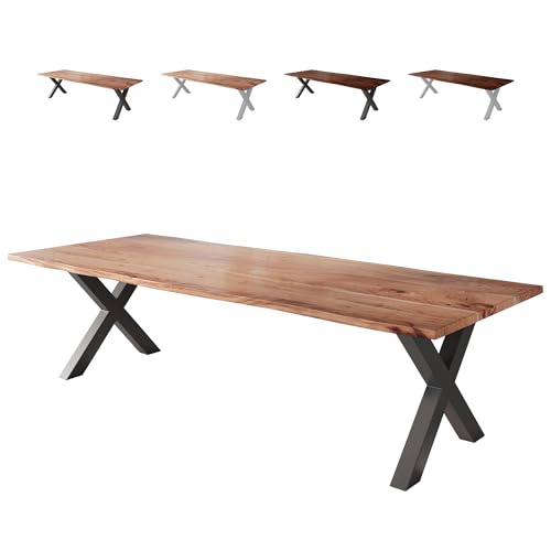 Loreno Esstisch Vento 260×100×77cm – Massiver Akazienholztisch mit 26 mm starker Tischplatte Naturfarben - X-Gestell - Schwarz -Perfekt für Esszimmer und Küche von Loreno