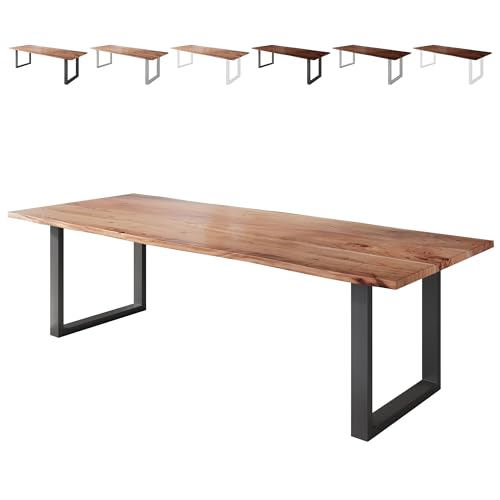Loreno Esstisch Vento 280×100×77cm – Massiver Akazienholztisch mit 26 mm starker Tischplatte Naturfarben - U-Gestell- Schwarz -Perfekt für Esszimmer und Küche von Loreno