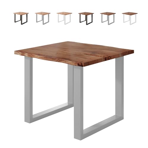 Loreno Esstisch Vento 80×80×77cm – Massiver Akazienholztisch mit 26 mm starker Tischplatte Nussbaumfarben - U-Gestell - Silber -Perfekt für Esszimmer und Küche von Loreno