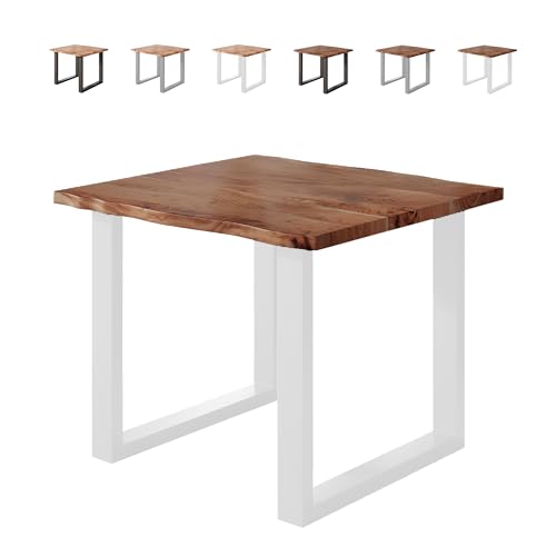Loreno Esstisch Vento 80×80×77cm – Massiver Akazienholztisch mit 26 mm starker Tischplatte Nussbaumfarben - U-Gestell - Weiß -Perfekt für Esszimmer und Küche von Loreno
