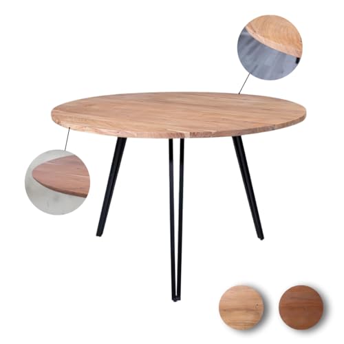 Loreno | Esstisch Akazienholz | Verschiedene Größen (110cm - 130cm) | Verschiedene Kanten (gerade oder schweizer Kante) | naturfarben/nussbaumfarben | Dreibein Gestell schwarz | 26mm dicke Tischplatte von Loreno