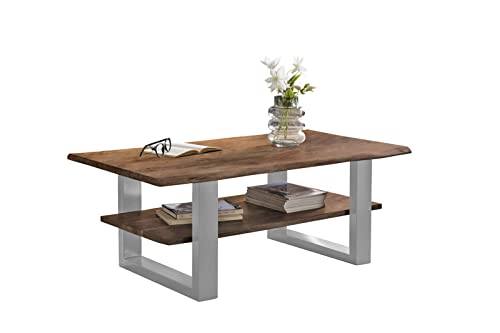 SAM B-Ware Couchtisch 115x65 cm Philipp, Sofatisch mit Ablage, Akazienholz massiv + nussbaumfarben + lackiert, Beistelltisch mit echter Baumkante, U-Gestell Silber von Loreno