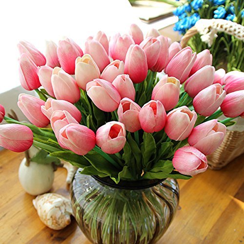 Lorigun 10 Köpfe Künstliche Tulpen Real Touch PU Tulpen Blumen Arrangement Bouquet Home Room Office Herzstück Party Hochzeitsdekor Rosa von Lorigun