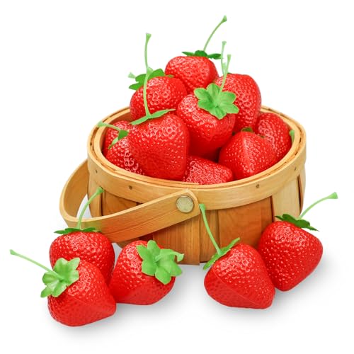 Lorigun 20 Stück KüNstliche Kunststoff Erdbeere, Plastik Deko Obst Lebensecht Künstliche Früchte Gefälschte Rote Erdbeeren für Dekor Party Girlande DIY Ornament Prop von Lorigun