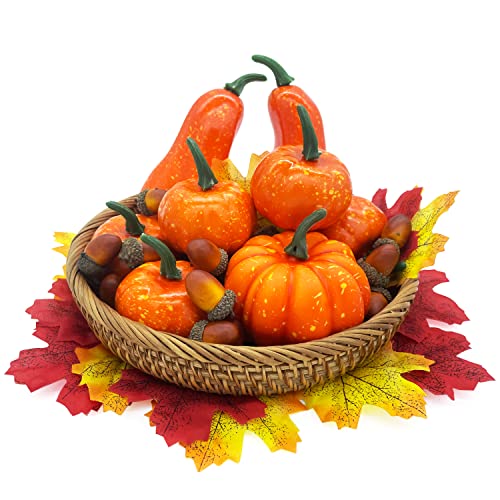 Lorigun Künstliche Kürbisse + Bunte künstliche Ahornblätter + künstliche Eichel Thanksgiving Halloween Herbst Festival Ornaments Set, Faux Kürbis Ahorn für Herbst Herbst Dekoration von Lorigun