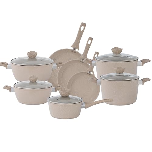 Lorren Home Trends 13-teiliges Marmorbeschichtetes Kochgeschirr-Set, Beige, antihaftbeschichtete Töpfe und Pfannen mit Glasdeckel, inklusive 20,3-30,5 cm Bratpfannen, Suppentöpfe, Soßentopf Lorren Home Trends 13-teiliges Marmorbeschichtetes Kochgeschirr-Set, Beige, antihaftbeschichtete Töpfe und Pfannen mit Glasdeckel, inklusive 20,3-30,5 cm Bratpfannen, Suppentöpfe, Soßentopf von Lorren Home Trends