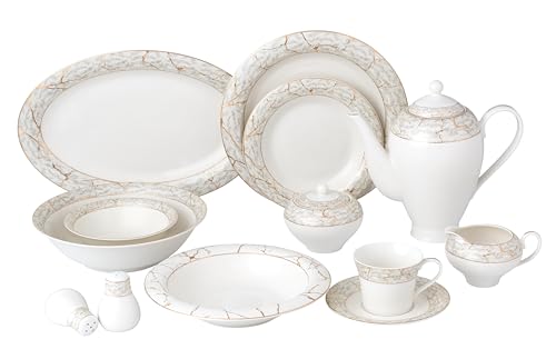 Lorren Home Trends Geschirr-Set aus Knochenporzellan, Weiß mit Marmormuster und Goldrand, 57-teiliges Service für 8 Personen, formelle Essenskollektion von Lorren Home Trends