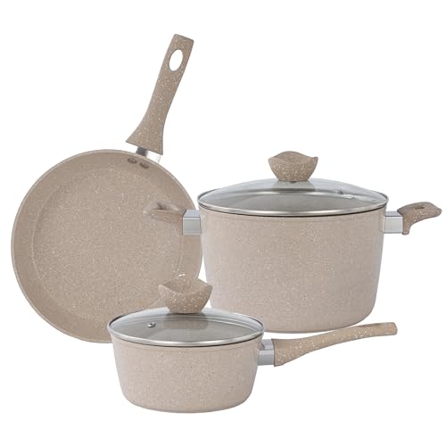 Lorren Home Trends Kochgeschirr-Set, Beige Granit, Antihaftbeschichtung, 25,4 cm Bratpfanne, 5 Quart Suppentopf mit Glasdeckel, 1,6 Quart Saucentopf mit Glasdeckel, 5-teilig Lorren Home Trends Kochgeschirr-Set, Beige Granit, Antihaftbeschichtung, 25,4 cm Bratpfanne, 5 Quart Suppentopf mit Glasdeckel, 1,6 Quart Saucentopf mit Glasdeckel, 5-teilig von Lorren Home Trends