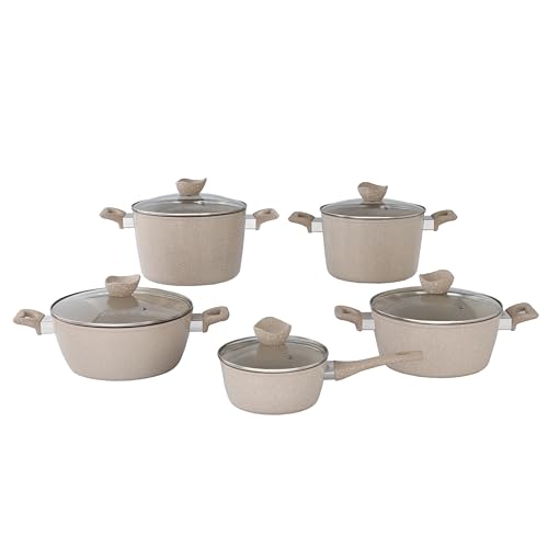 Lorren Home Trends Premium Kochgeschirr-Set, beige gesprenkelt, 10-teilig mit Glasdeckel, Suppentöpfe, Soßentopf, Kasserolle von Lorren Home Trends