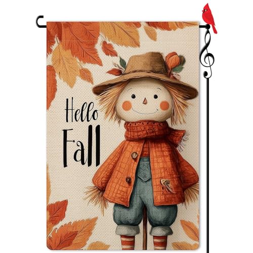 Lorugekyu Hello Fall Vogelscheuche Gartenflagge Herbst Ahornblatt kleine Flagge für draußen Sackleinen doppelseitig Willkommen Hof Rasen Dekor 31,8 x 45,7 cm von Lorugekyu