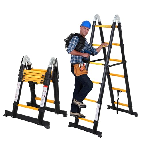 Lospitch 3.8M(1.9+1.9) M Aluminium Teleskopleiter klappbar Ausziehleiter mit Stabilisator Hochwertigem Klappleiter und Faltbaren Aluminiumleiter 150kg Belastbarkeit, Schwarz Gelb von Lospitch