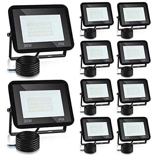 Lospitch 30W LED Strahler Außen, 10 Stücke Superhell 2550LM LED Fluter 3000K Warmweiß Außenstrahler, IP66 Wasserdicht Sicherheitslampe für Baustelle Hof, 120° Abstrahlwinkel (kein Stecker) von Lospitch