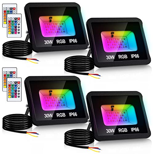 Lospitch 30W RGB Strahler Farbig, 4er Farbwechsel Außenstrahler LED RGB Wasserdicht IP66, Dimmbar Flutlichtstrahler Scheinwerfer, 16 Farben 4 Modi, Memoryfunktion, Innen Aussen Flur Bühne Garten von Lospitch