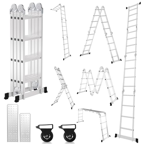 Lospitch 4x4 Mehrzweckleiter, 470cm 7 in 1 Multifunktionsleiter mit 2 plattform, Aluminium Vielzweckleiter mit 2 Transport Rollen bis 150 kg, Arbeitsleiter 16 Stufen, Silber Lospitch 4x4 Mehrzweckleiter, 470cm 7 in 1 Multifunktionsleiter mit 2 plattform, Aluminium Vielzweckleiter mit 2 Transport Rollen bis 150 kg, Arbeitsleiter 16 Stufen, Silber von Lospitch