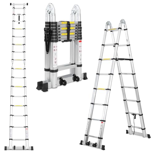 Lospitch 5M(2.5+2.5) M Aluminium Teleskopleiter klappbar Ausziehleiter mit Stabilisator Hochwertigem Klappleiter und Faltbaren Aluminiumleiter 150kg Belastbarkeit von Lospitch