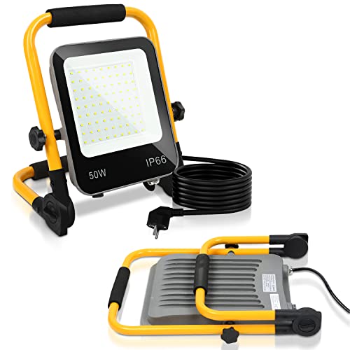 Lospitch LED Baustrahler, 50W 5100LM Arbeitsleuchte LED Fluter, Austellenlampe Strahler, IP66 Wasserdicht, Tragbar Arbeitsscheinwerfer 6000K Kaltweiß Baulampe Werkstatt, 3M Kabel, Faltbarer Ständer von Lospitch