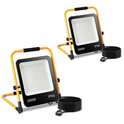 Lospitch LED Baustrahler 200W, 2x Arbeitsscheinwerfer 6000k Kaltweiß, 18000LM Baulampe Bauscheinwerfer, Arbeitsleuchte, Wasserdicht IP66, für Werkstatt, Baustelle Garage (3M Kabel mit Stecker) von Lospitch