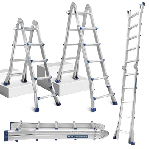 Lospitch Mehrzweckleiter, 513cm 4x5 Sprossen 3 in 1 Aluleiter Teleskopleiter Multifunktionsleiter, Einstellbar Rutschfester, Klappleiter, Anlegeleiter, Belastbar bis 150 kg von Lospitch