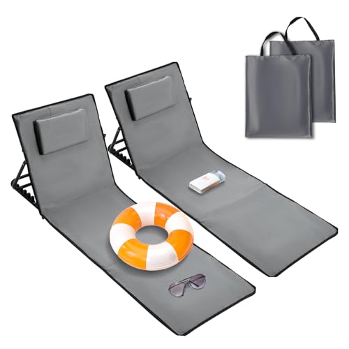 Lospitch Strandliege Klappbar leicht,2er Set, strandmatten gepolstert,Strandliege mit Handtasche,Staufächern,eingebautes Kissen mit 5-Gang-Einstellung, verschleißfestes Gewebe(158cm,dunkelgrau) von Lospitch