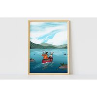 Kayaking Pals | Kunstdruck Natur Illustrierter Kunst Landschaft Mountainbiken Druck Hunde Illustration von LostLinesStudio