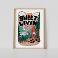 Sweet Living Print | Kunstdruck Sasquatch Illustrierter Bigfoot Kunst Landschaft Mountainbiken Druck Mtb Illustration von LostLinesStudio