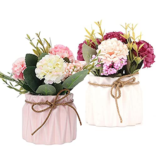 Lostwry 2PCS Künstliche Blumen im Topf Kunstblumen Pflanzen zur Dekoration Hortensien Seidenblumen Blumensträuße mit Keramikvase Kunstpflanze deko für Home Party Büro Hochzeit Tischdekoration von Lostwry