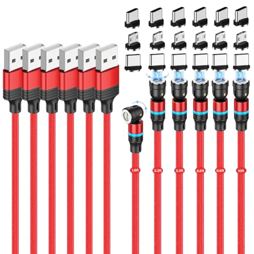 Losuesme Magnetisches Ladekabel (6 Pack 0.5m+1m+1m+2m+2m+3m) 540° Drehung USB C kabel 3A Schnelles Aufladen 3 in 1 Ladekabel Magnetisch USB Kabel mit LED für Micro USB/Type C Smartphones Rot von Losuesme